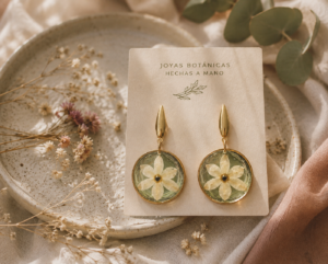 Pendientes artesanales con flores naturales preservadas en resina y detalles dorados, presentados sobre una tarjeta de joyería junto a flores secas.