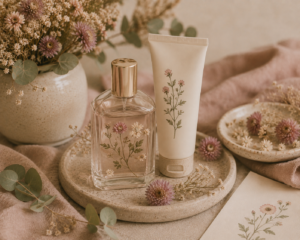 Perfume floral y crema cosmética con ingredientes botánicos, rodeados de flores secas y hojas de eucalipto.