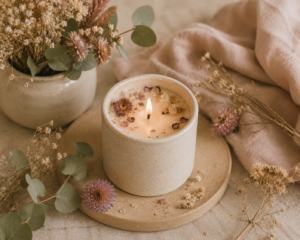Vela aromática floral artesanal en recipiente de cerámica, rodeada de flores secas, eucalipto y elementos naturales sobre una mesa en tonos beige.
